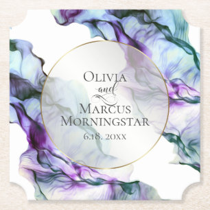 Vibrant Blauwgroen Paarse Abstracte Waterverf Ink Kartonnen Onderzetters