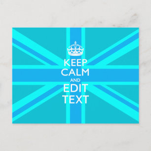Vibrant Blue Aqua Keep Calm Jouw tekst Union Jack Briefkaart