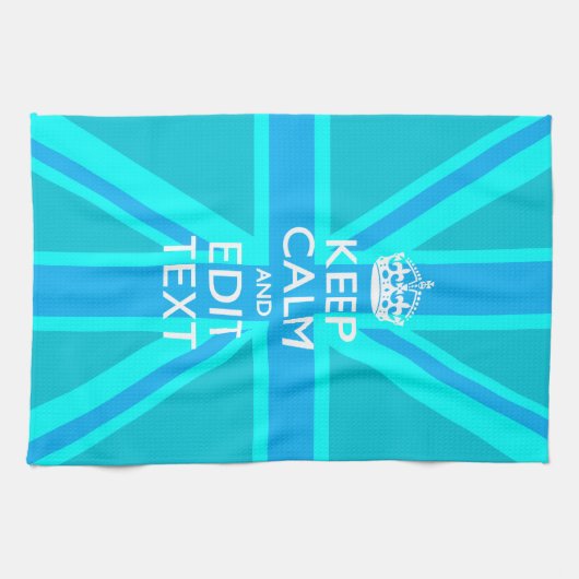 Vibrant Blue Aqua Keep Calm Jouw tekst Union Jack Theedoek (Horizontaal)