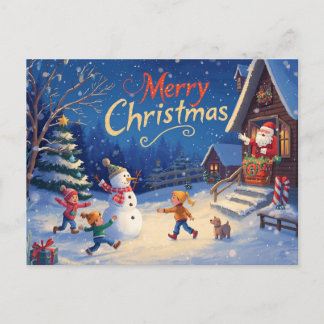 Vibrant Christmas Postcard – Snowman & Santa Briefkaart