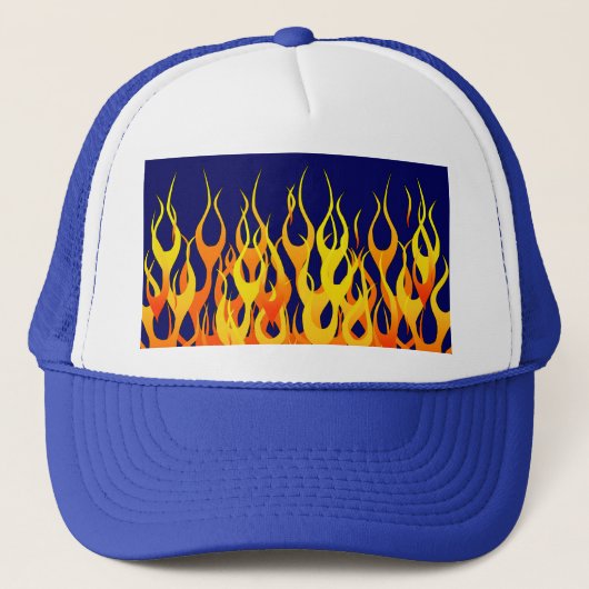 Vibrant Classic Racing Flames op Navy Blue Trucker Pet (Voorkant)