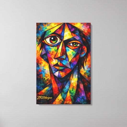 Vibrant Cubist Face Abstract Modern Art Canvas Afdruk (Voorkant)