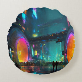 Vibrant Cyberpunk Cityscape with Arches Rond Kussen