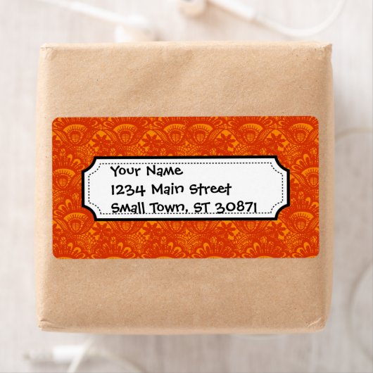 Vibrant Elegant Sinaasappel Damask Lace Girly Patt Etiket (Insitu)