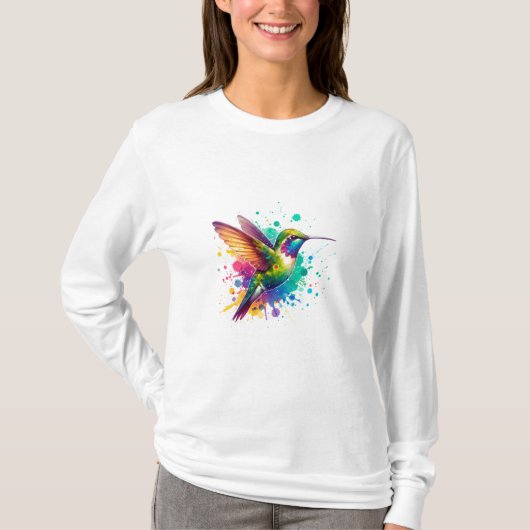 Vibrant Flight – Watercolor Hummingbird Explosion  T-shirt (Voorkant)