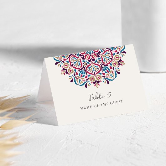 Vibrant Floral Delight Mandala Wedding Place Card Kaart