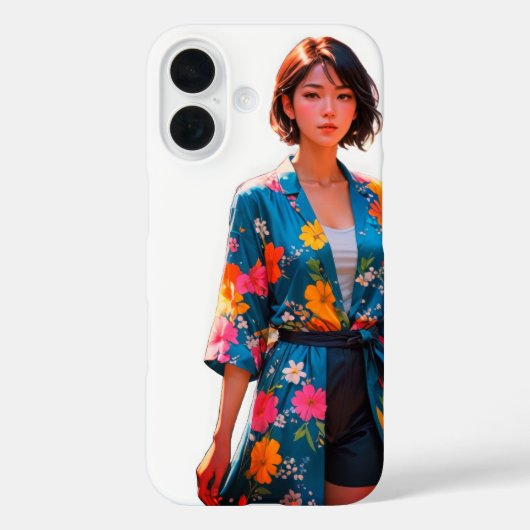 Vibrant Floral Kimono iPhone 16 Coque (Verso)