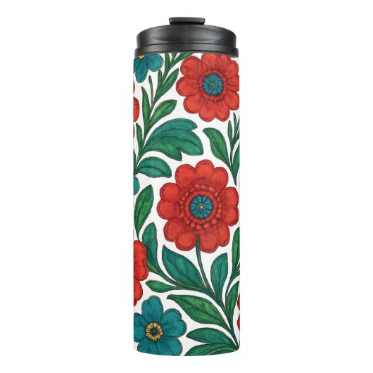 Vibrant Floral Pattern with Red and Teal Blooms Thermosbeker (Voorkant)