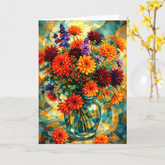 Vibrant Geometric Dahlia Bouquet Kaart (Gele Bloem)