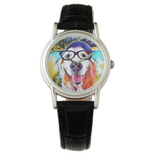 Vibrant Golden Retriever Nerd Glasschilfers Horloge