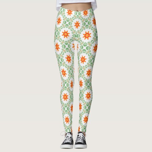 Vibrant Green & Orange Floral Leaf Pattern Legging (Devant)