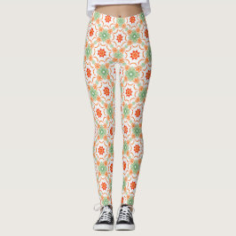 Vibrant Green & Terracotta Floral Diamond Pattern  Leggings