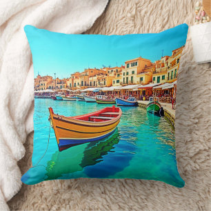 Vibrant Harbour: mediterrane gelukzaligheid Kussen