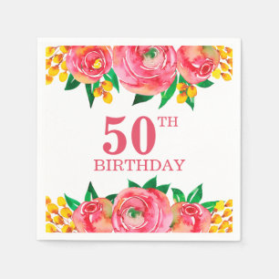 Vibrant Hot Pink en Gele Waterverf Floral Servet