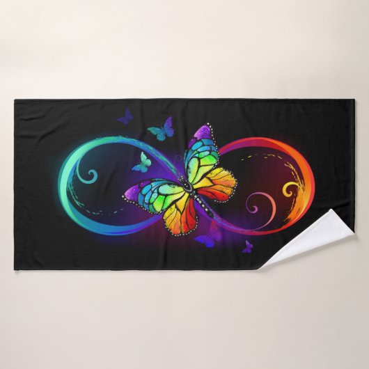Vibrant infinity with rainbow butterfly on black (Serviette de bain)