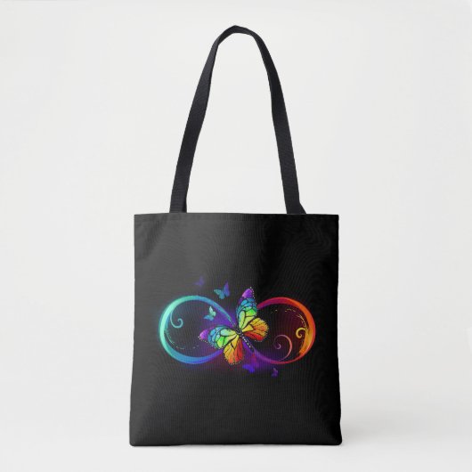 Vibrant infinity with rainbow butterfly on black draagtas (Voorkant)