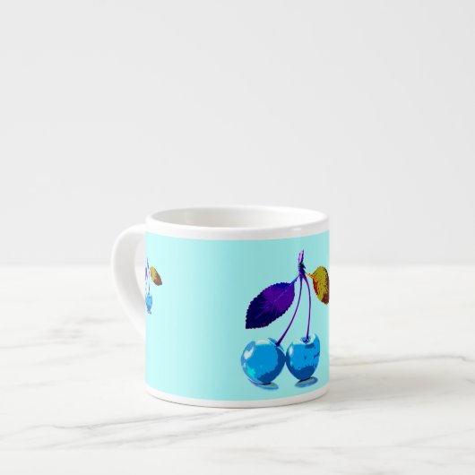 Vibrant Light Blue Cherries Pop Art Espresso Kop (Voorkant links)