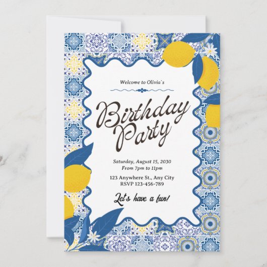 Vibrant Mediterranean Lemon & Blue Birthday Kaart (Voorkant)