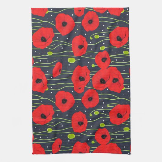 Vibrant Modern Red Poppies Pattern Art Theedoek (Verticaal)