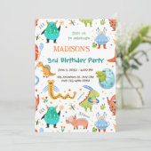 Vibrant Monster & Dinosaur 3e verjaardagsfeest Kaart (Staand voorkant)