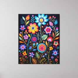 Vibrant Neon Floral Black Background Wood Plaque Canvas Afdruk