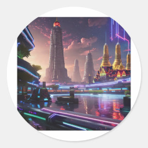 Vibrant Neon Lights van Cyberpunk Bangkok Ronde Sticker