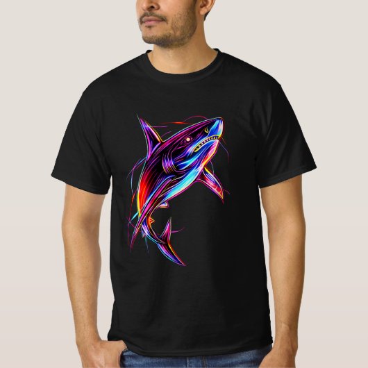 Vibrant Neon Shark Modern Digital Ocean T-shirt (Voorkant)