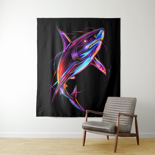 Vibrant Neon Shark Modern Digital Ocean Wandkleed (In situ)