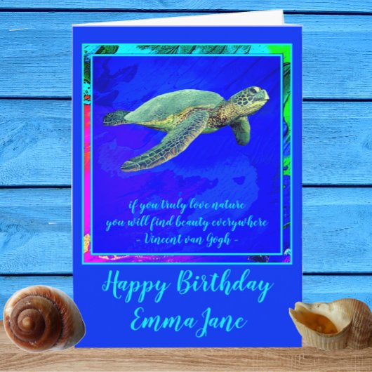 Vibrant Ocean Blue Zee Turtle Happy Birthday Kaart