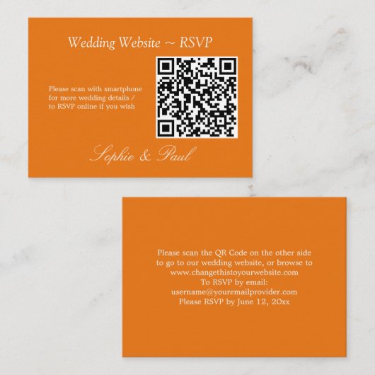 Vibrant Orange QR Code Site Web Carte RSVP (Devant / Derrière)