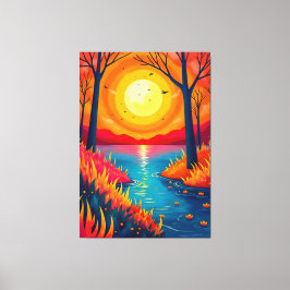Vibrant Orange Sunset Lake Landscape Art Canvas Afdruk