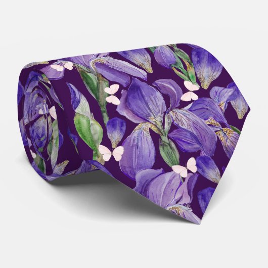 Vibrant Paars Iris Flowers en Butterflies Stropdas (Opgerold)