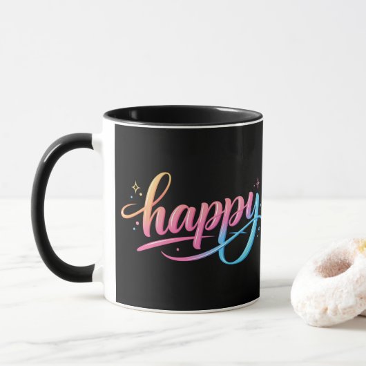 Vibrant Pastel Gradient HAPPY Typography - Modern Mok (Met donut)