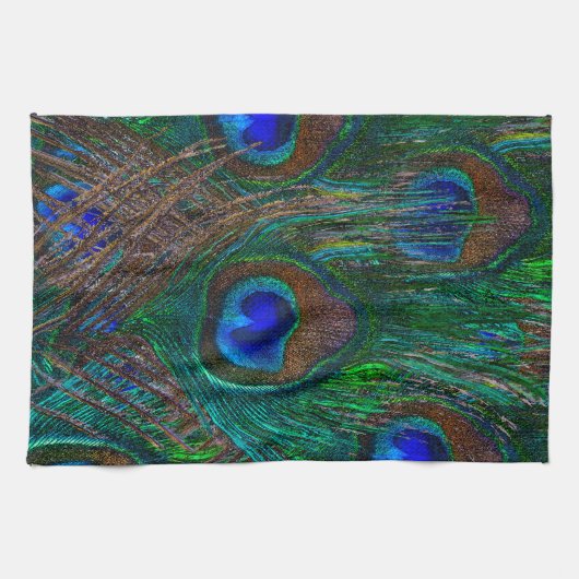 Vibrant Peacock Feathers Etching Style Decor Theedoek (Horizontaal)