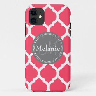 Vibrant Pink & Grey Quatrefoil, monogrammen iPhone 11 Hoesje