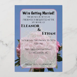 Vibrant Pink Rose Bouquet & Blue Sky Summer  Folie Uitnodiging