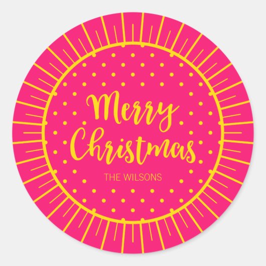 Vibrant Pink Starburst Script Vrolijk kerstfeest Ronde Sticker (Voorkant)