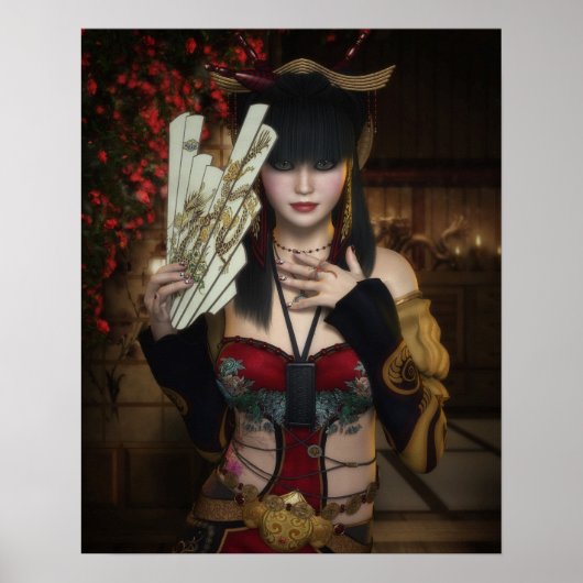 Vibrant Poster van Lady under Blossom met Fan (Voorkant)