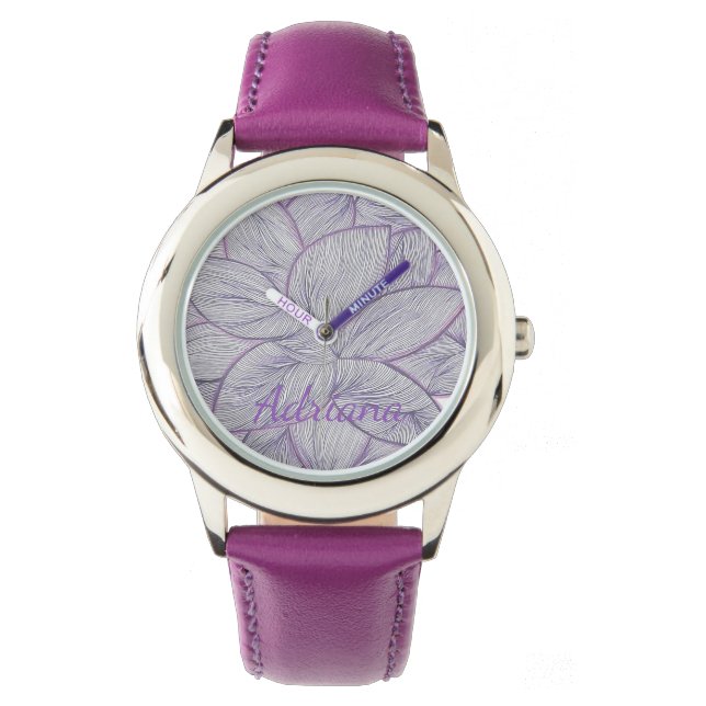 Vibrant Purple Flower Pattern Custom Name Watch Horloge (Voorkant)