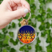 Vibrant Racing Flames op Navy Blue Sleutelhanger (Hand)