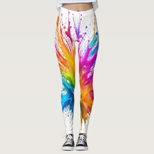 Vibrant Rainbow Paint Splatter Explosion Leggings (Voorkant)