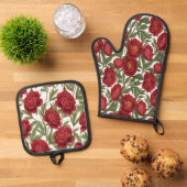 Vibrant Red Peony Collection Customizable Party Ovenwant & Pannenlap Set (Top down)