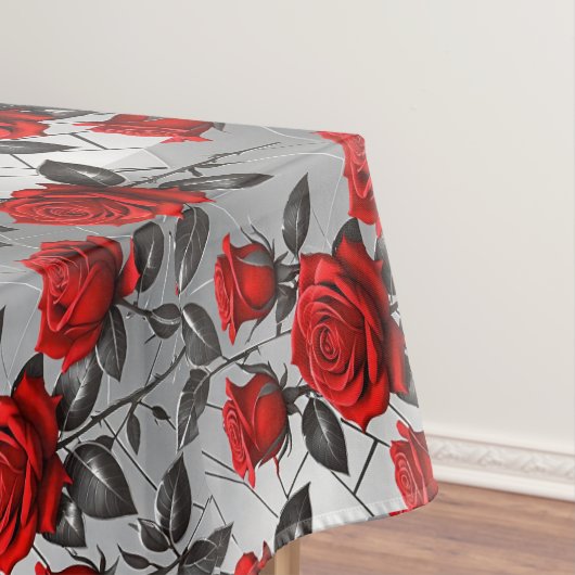 Vibrant Red Roses On A Metallic Silver Background  Tafelkleed (Voorbeeld)