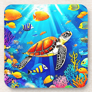 Vibrant Reef: Het Onderwaterrijk Van De Schildpad Bier Onderzetter