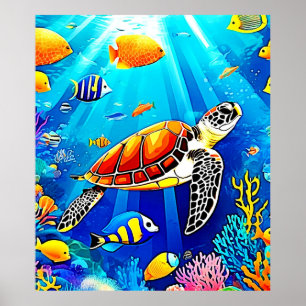 Vibrant Reef: Het Onderwaterrijk Van De Schildpad Poster