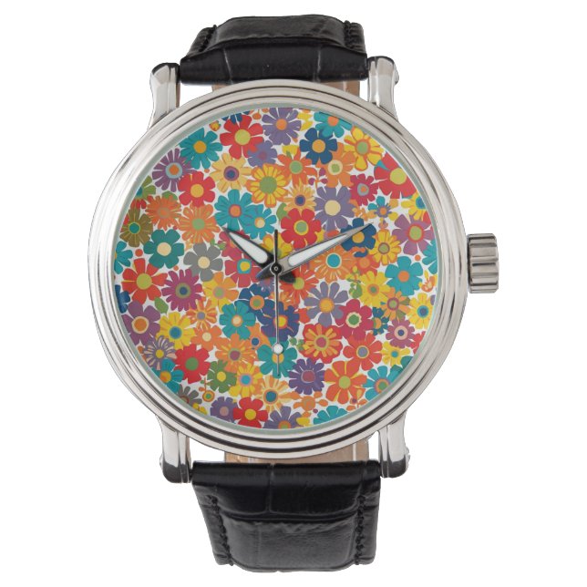 Vibrant Retro 60s Daisy Flower Power Pattern Horloge (Voorkant)