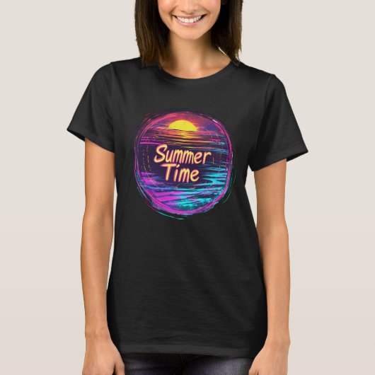 Vibrant Retro “Summer Time” Sunset T-Shirt (Devant)