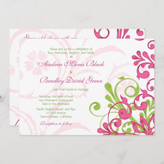 Vibrant rose vert blanc Faire-part de mariage flor (Devant / Derrière)