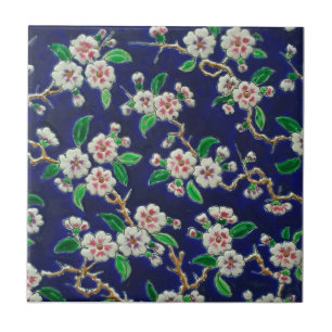 Vibrant Royal Blue Cherry Blossom Antiek Repro Tegeltje