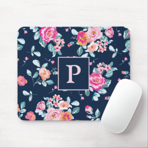 Vibrant roze rozen Floral monogram Muismat